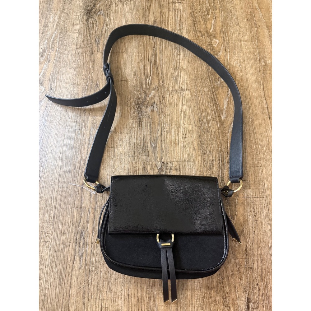Ted Baker London Black Leather Suede Patent Crossbody Saddle Bag Gold Hardware
